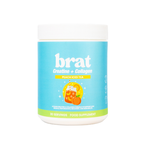 A white tub of Brat brand Creatine + Collagen food supplement in Peach Iced Tea flavor.