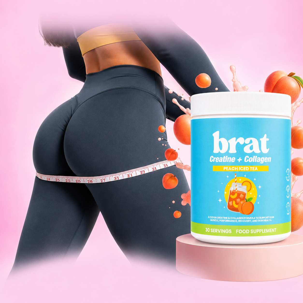 A woman with a toned abdomen holds a container of Brat Creatine + Collagen food supplement outdoors.