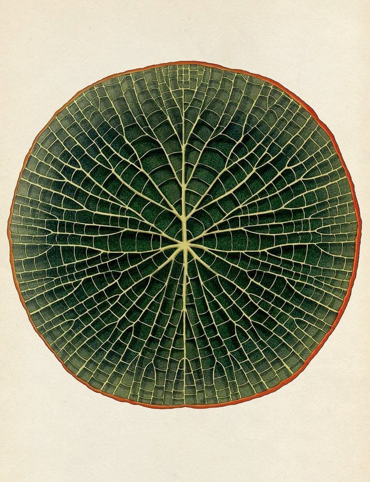 Detailed illustration of a circular green leaf with intricate vein patterns.