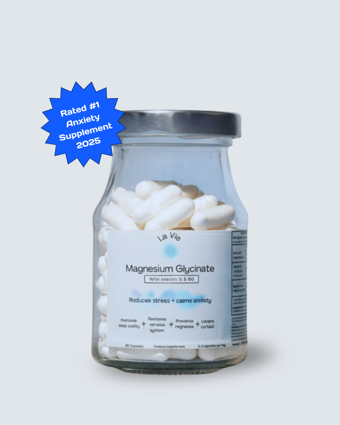 A clear glass jar of La Vie Magnesium Glycinate capsules with a silver lid.