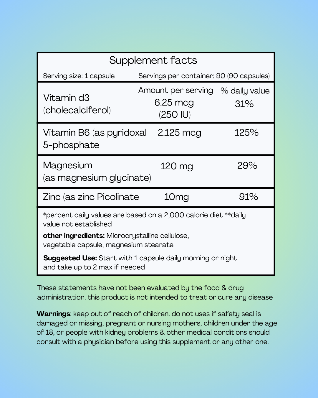 A supplement facts label with vitamins, minerals, and daily values.