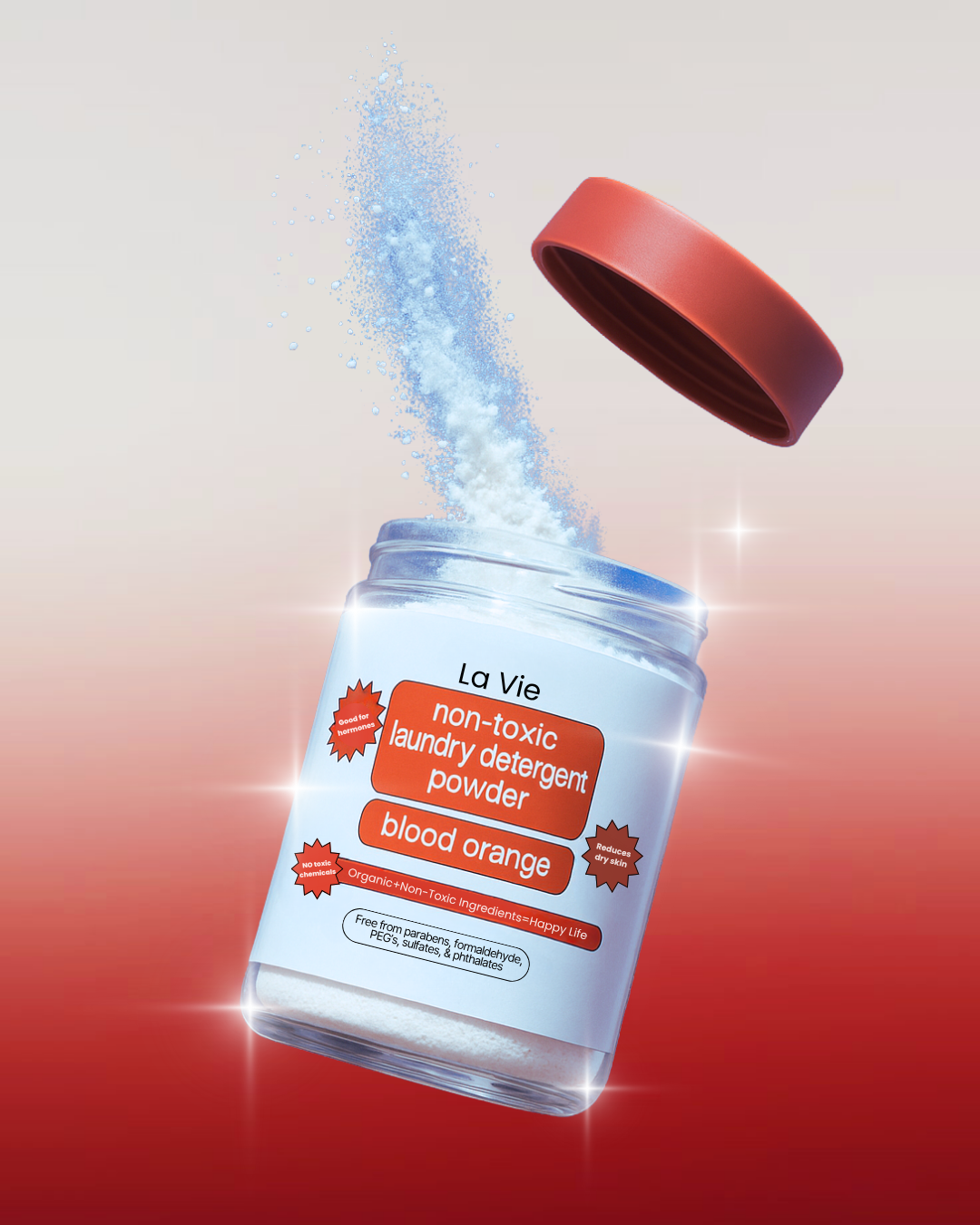 Jar of non-toxic laundry detergent powder with lid off, powder spilling out.