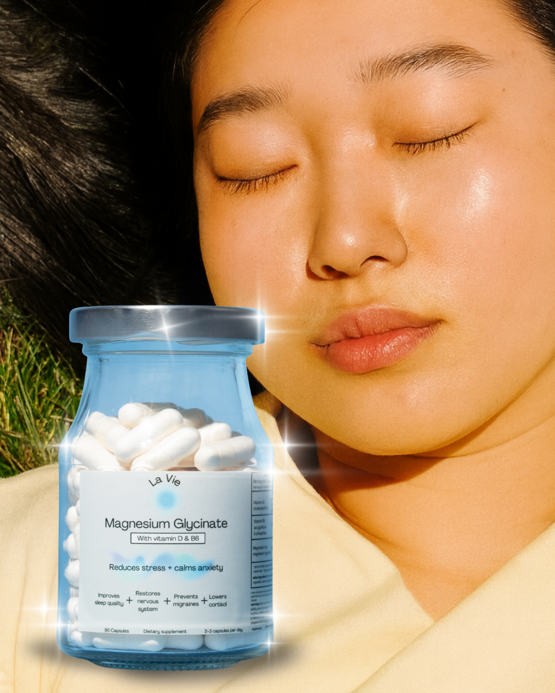Person with eyes closed beside a glowing jar of magnesium glycinate capsules.