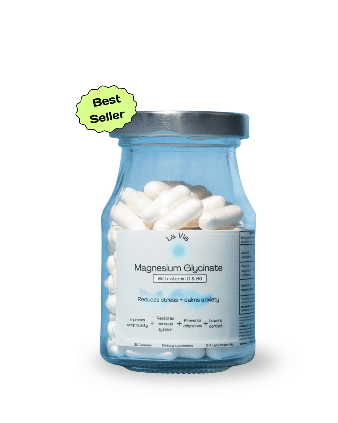 Jar of white capsules with 'Best Seller' badge and magnesium glycinate label.
