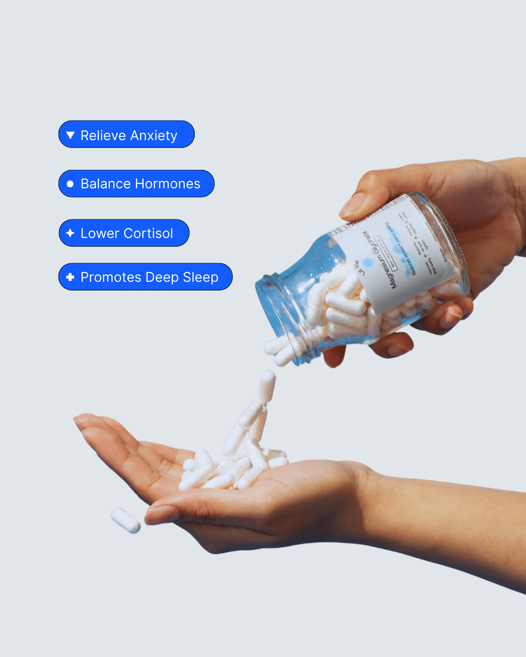 A person pours white capsules from a bottle into their hand next to text describing the supplement's benefits.