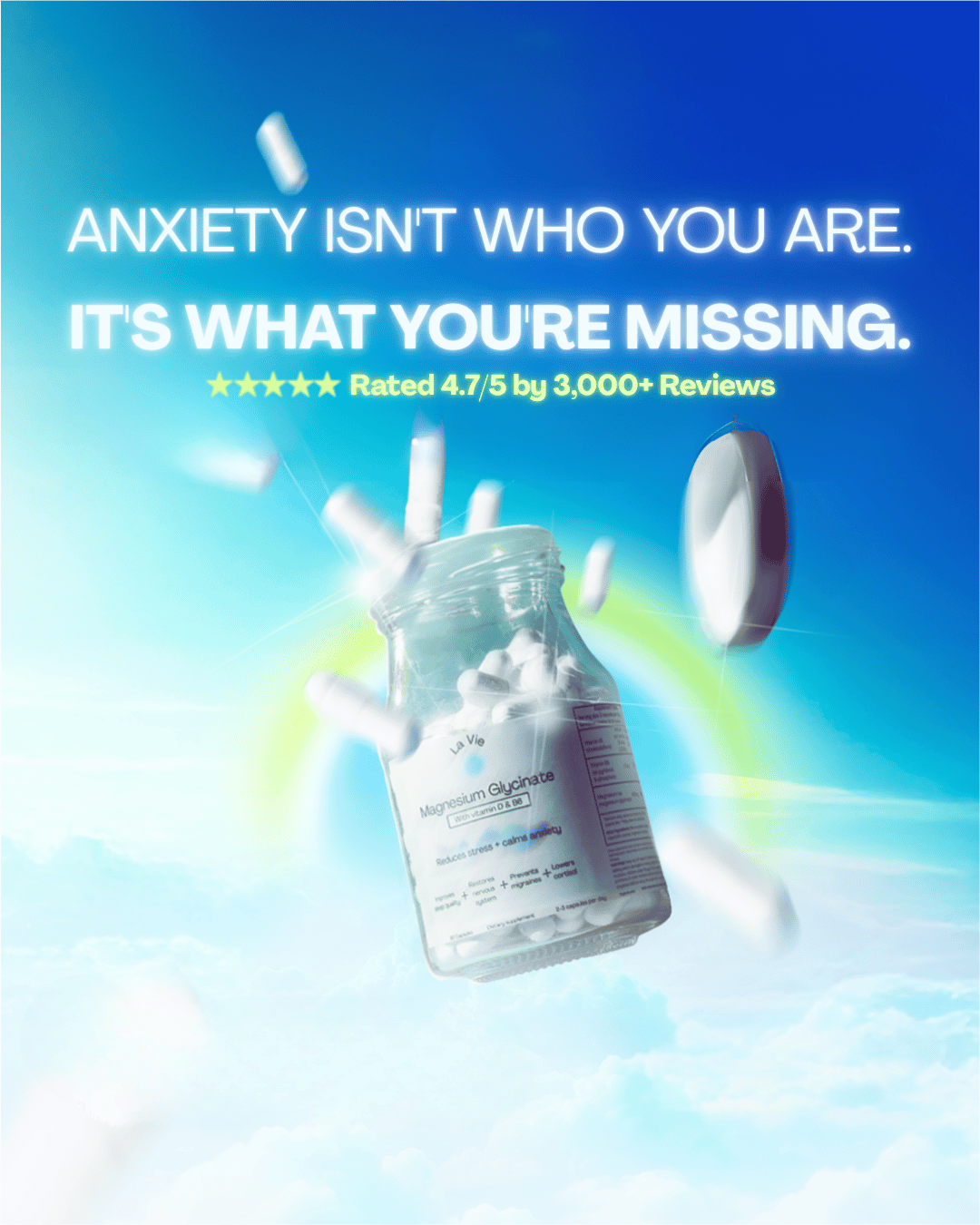 Glass jar with tablets, bright sky background, and bold text about anxiety relief.