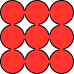 Nine red circles arranged in a 3x3 grid on a black background.