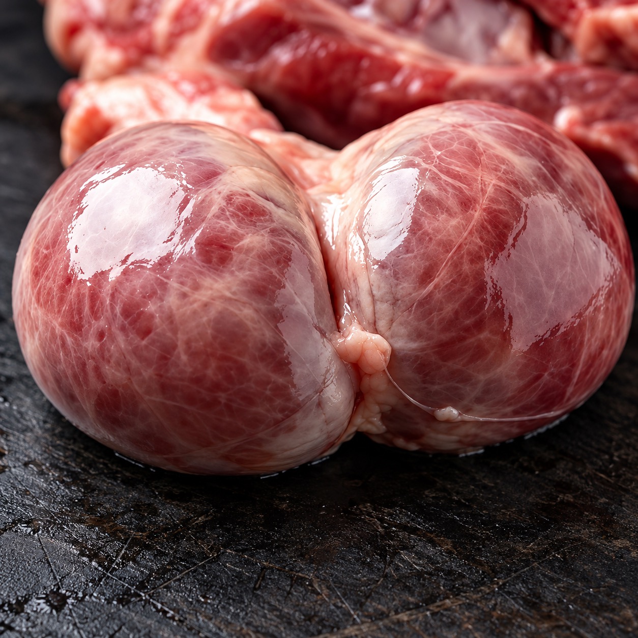 A close-up of raw animal testicles on a dark, wet surface with other meat in the background.