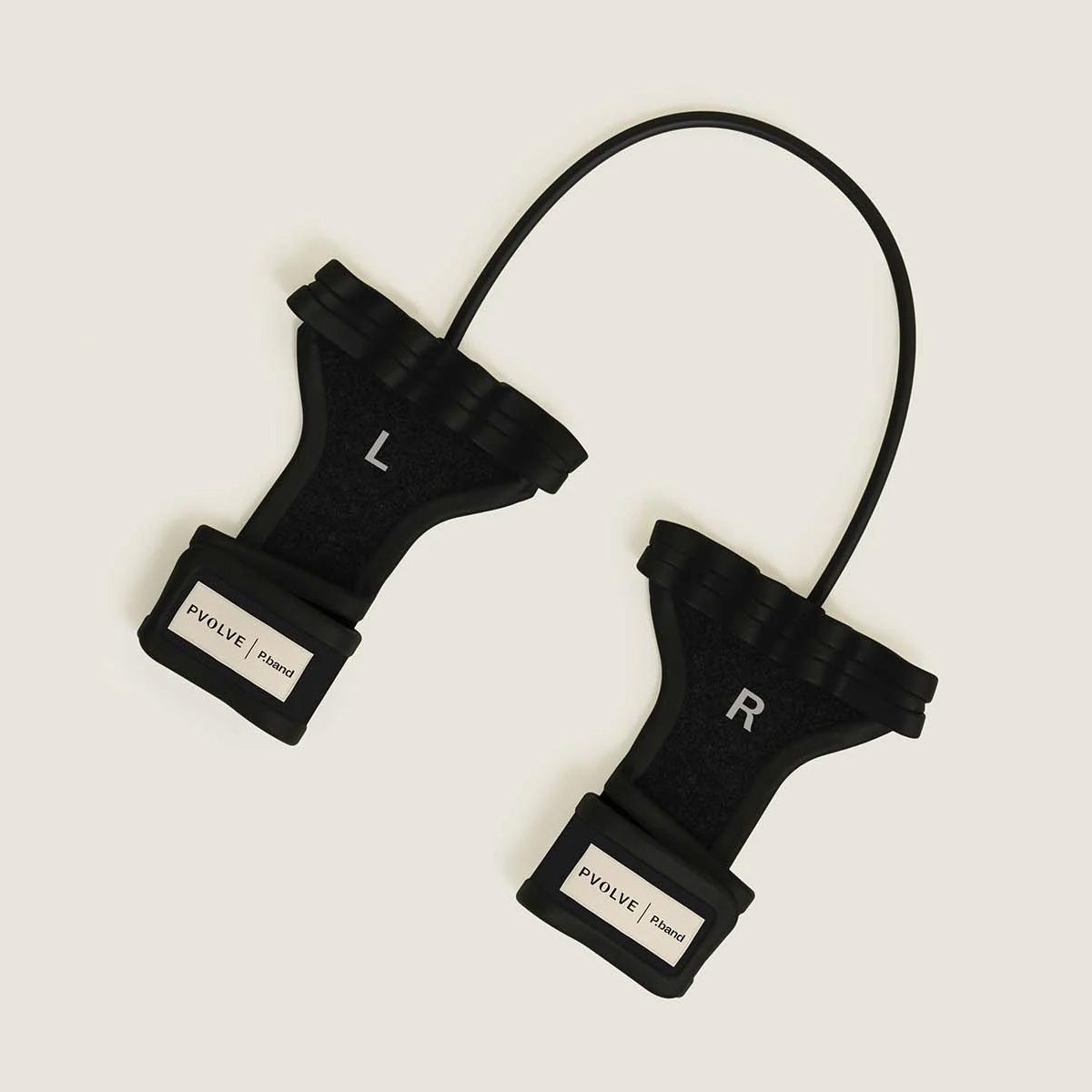 A black Pvolve P.band, a resistance band with grips for the left and right hands, on a white background.
