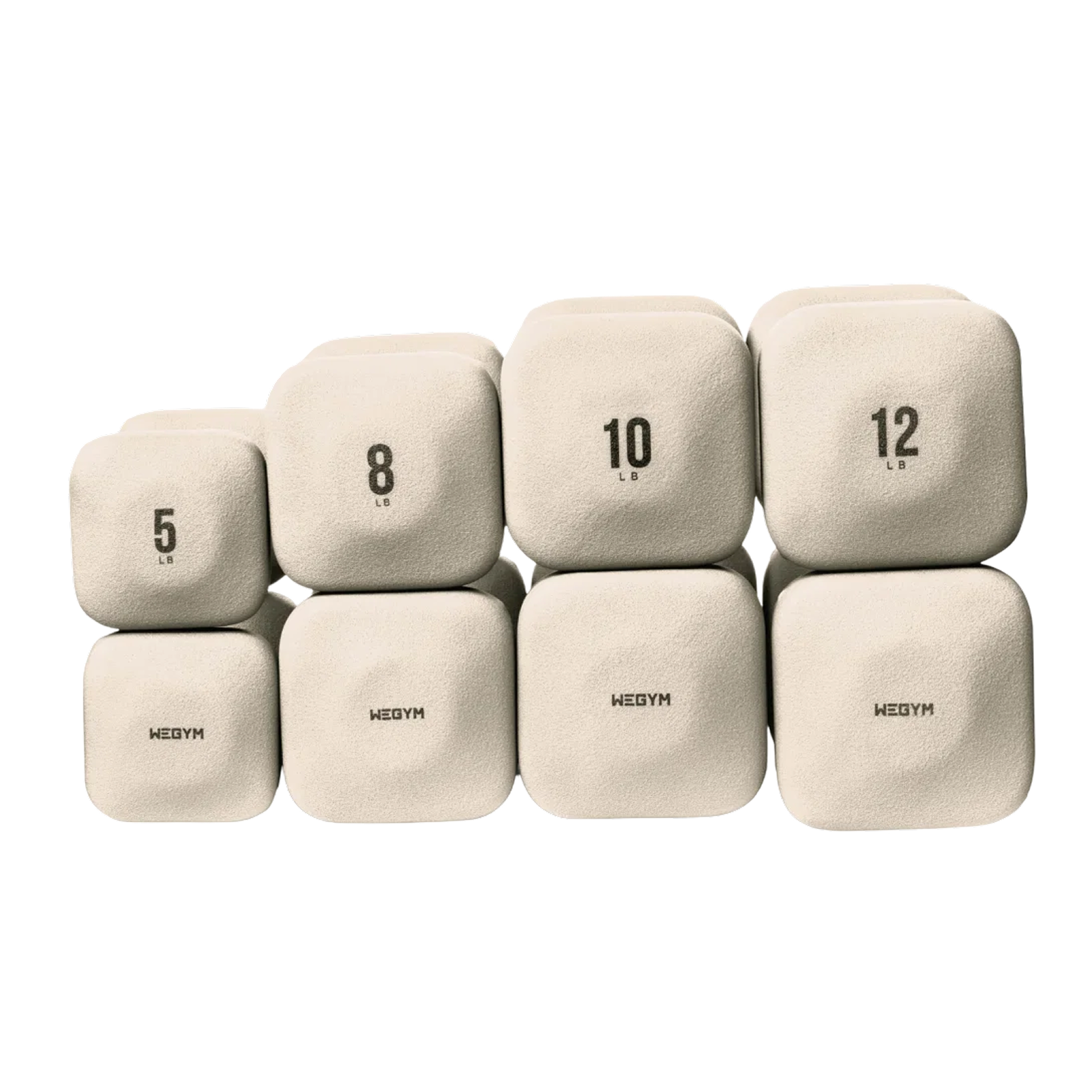 Four pairs of stacked, square, light-colored WEGYM weights in various sizes against a black background.