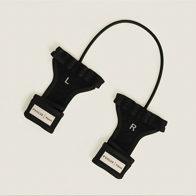 A pair of black Pvolve hand resistance bands, labeled L and R, against a plain background.