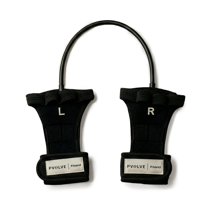 A Pvolve P.band, which is a pair of black workout gloves connected by a resistance band.