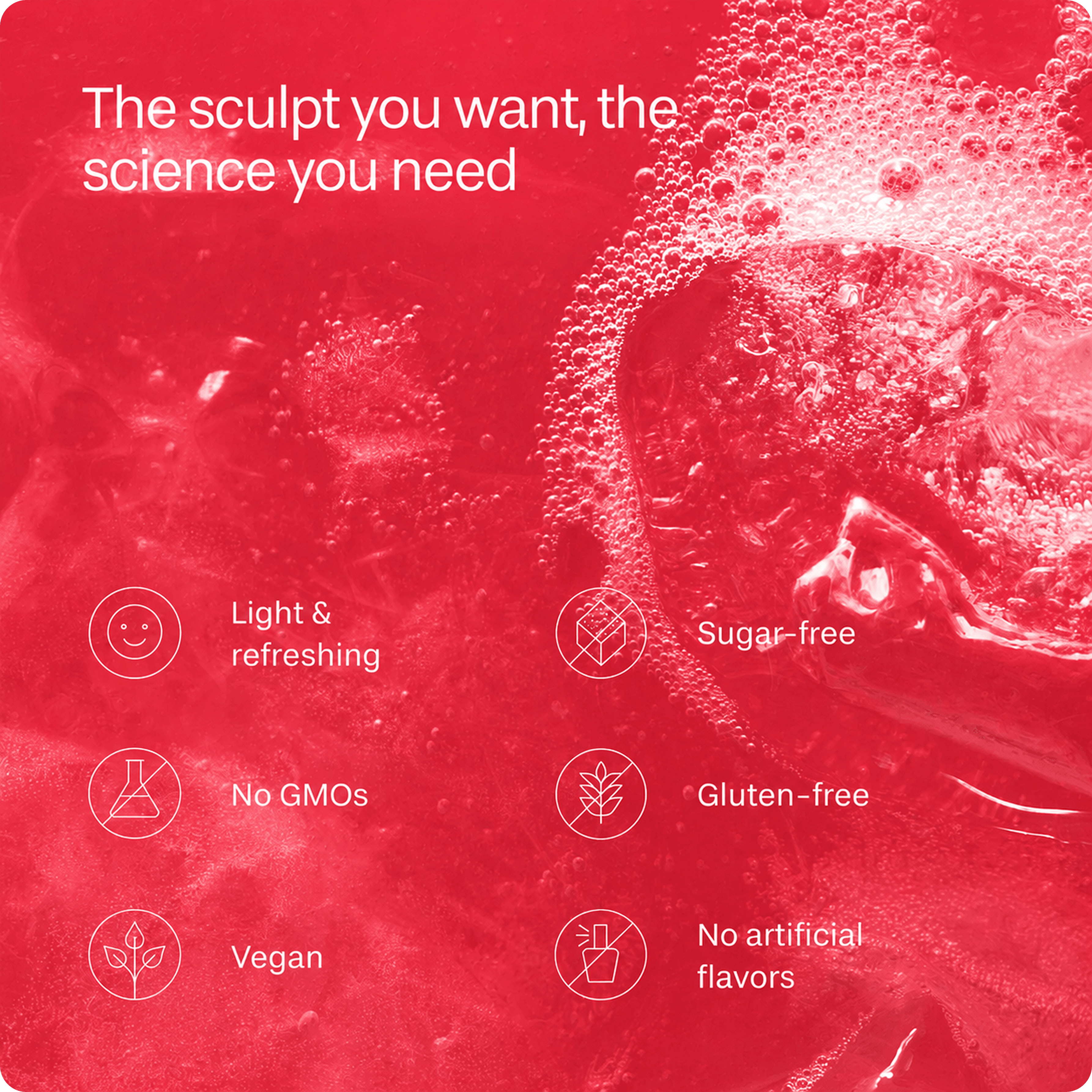A red fizzy drink background with text and icons listing product benefits like sugar-free, vegan, and gluten-free.