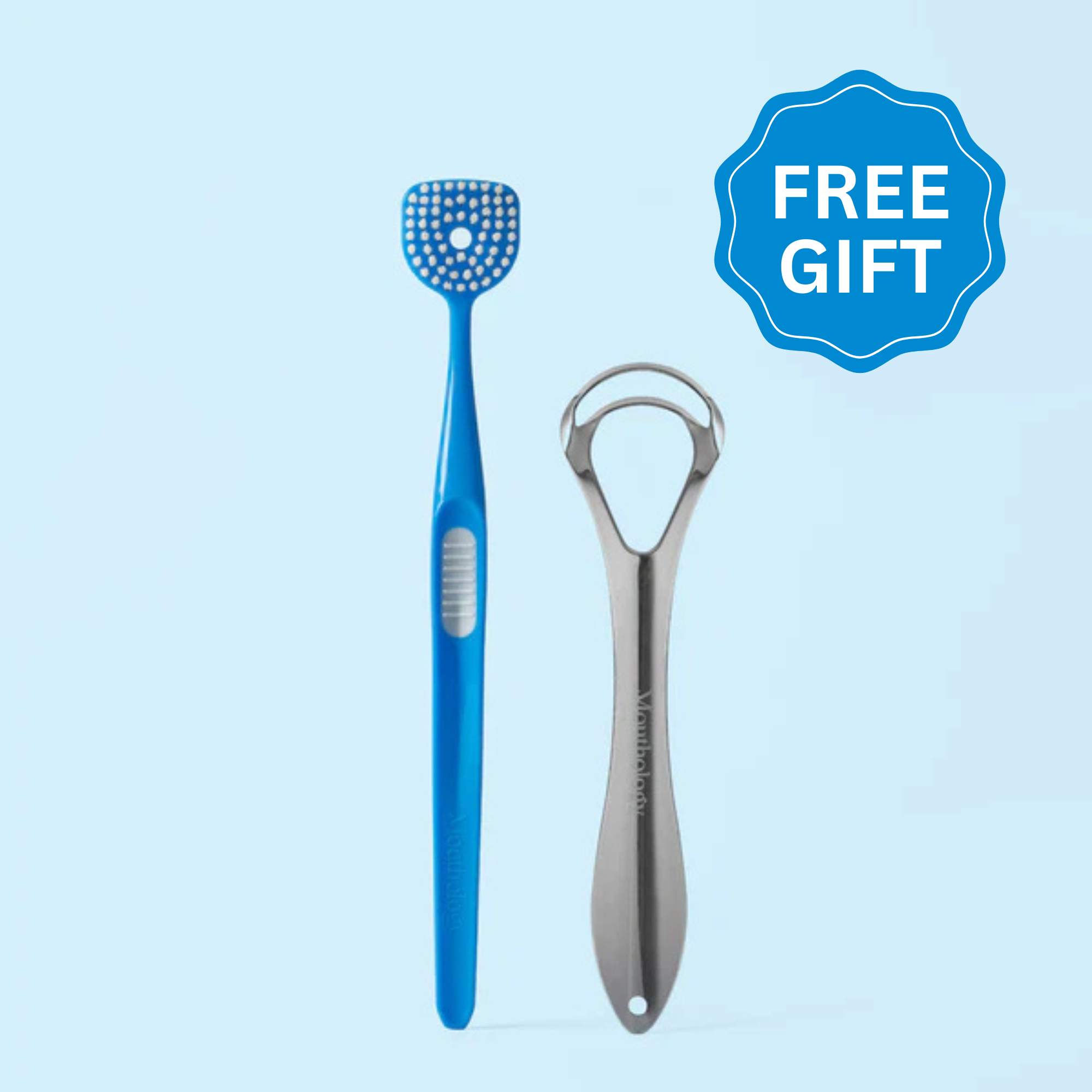 A blue tongue brush and a metal tongue scraper sit against a light blue background with a 'FREE GIFT' icon.