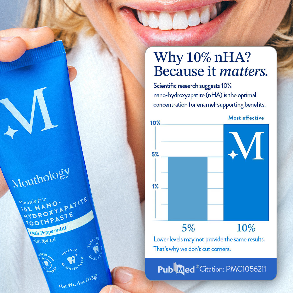 Person holding toothpaste tube with chart explaining 10% nano-hydroxyapatite benefits.