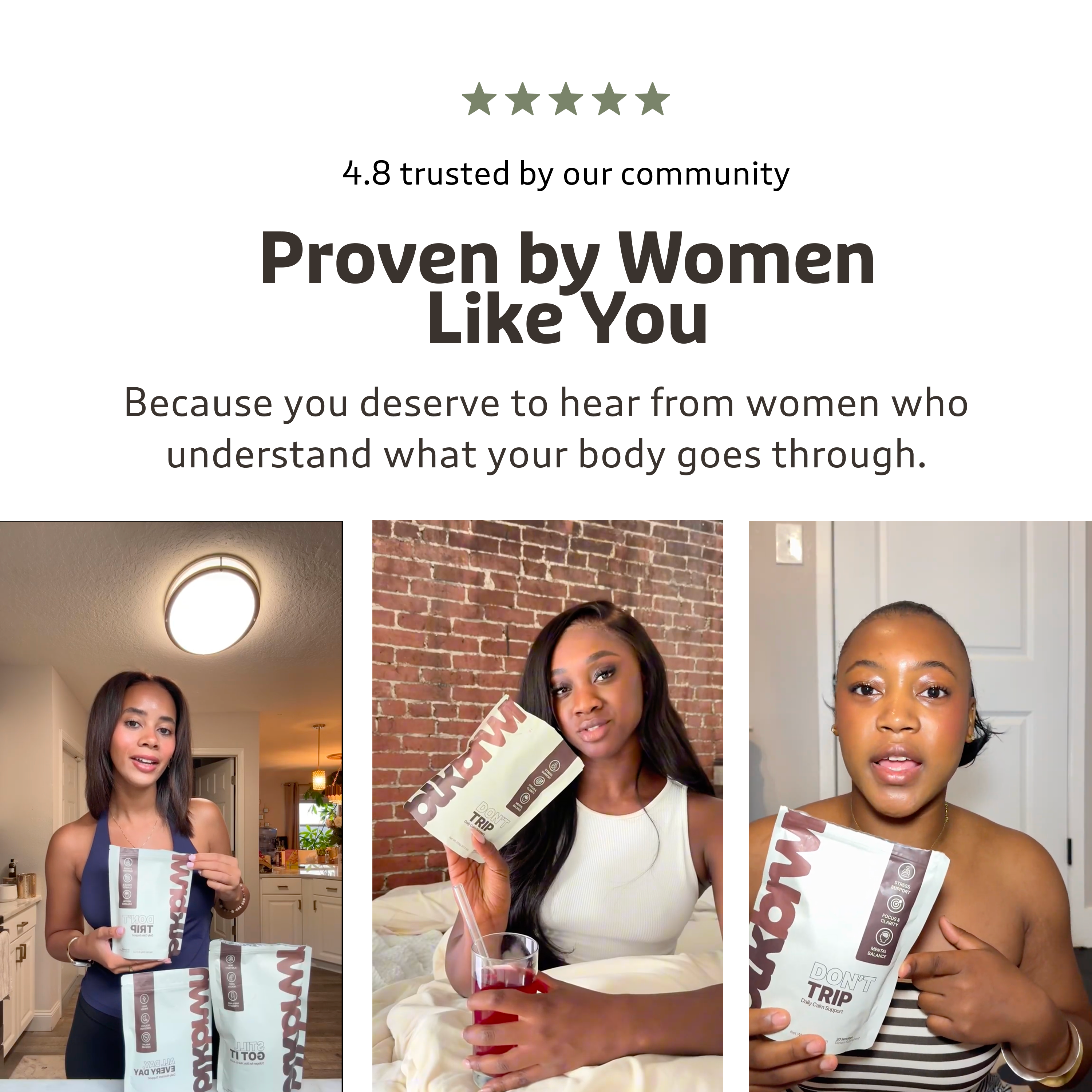 Three women holding Mvn brand product pouches below the text 'Proven by Women Like You' and a 5-star rating.