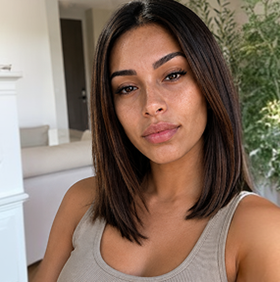 A woman with shoulder-length brown hair and a beige tank top looks directly at the camera.