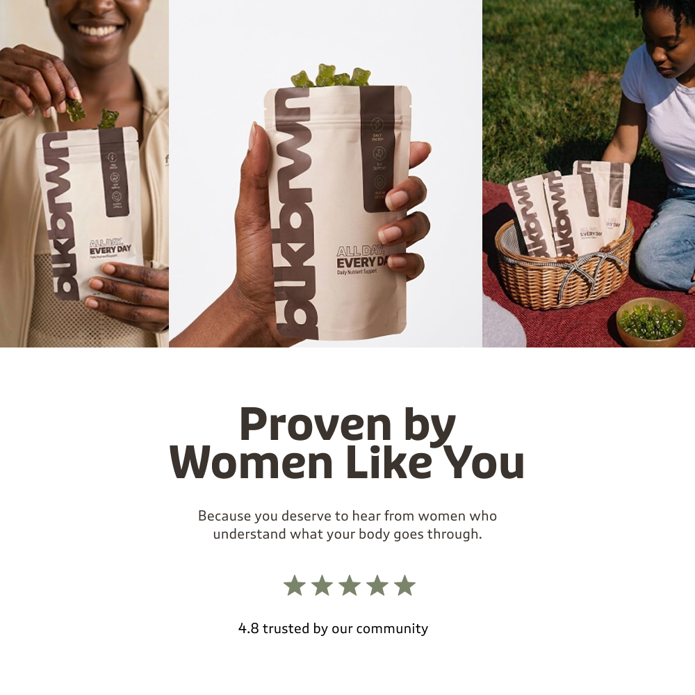 A collage of three photos of Black women holding and eating 'blkbrwn' brand gummy vitamins.
