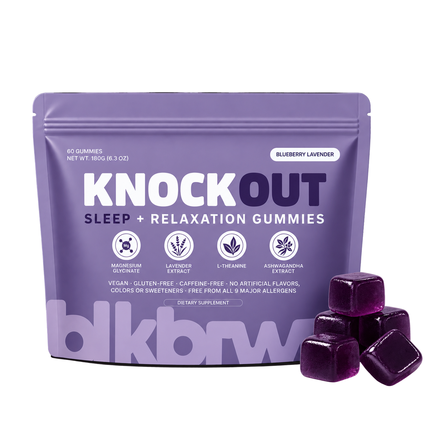 A purple pouch of Knockout Sleep + Relaxation Gummies with a small pile of the dark purple gummies.