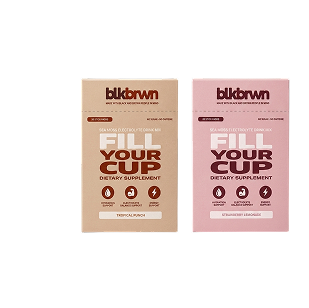 Two boxes of blkbrwn Fill Your Cup dietary supplement in Tropical Punch and Strawberry Lemonade flavors.