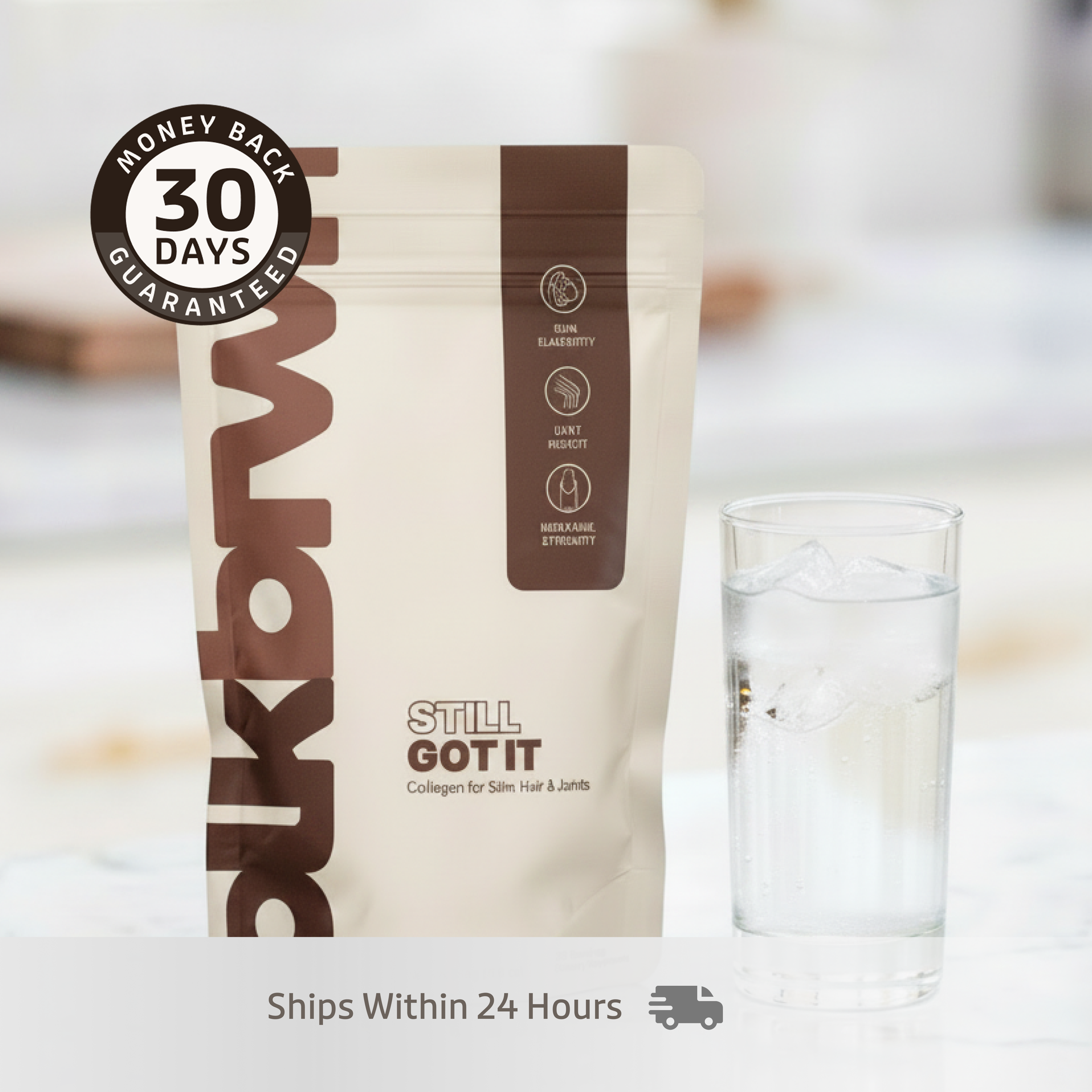 A pouch of Still Got It collagen powder sits on a counter next to a glass of ice water.