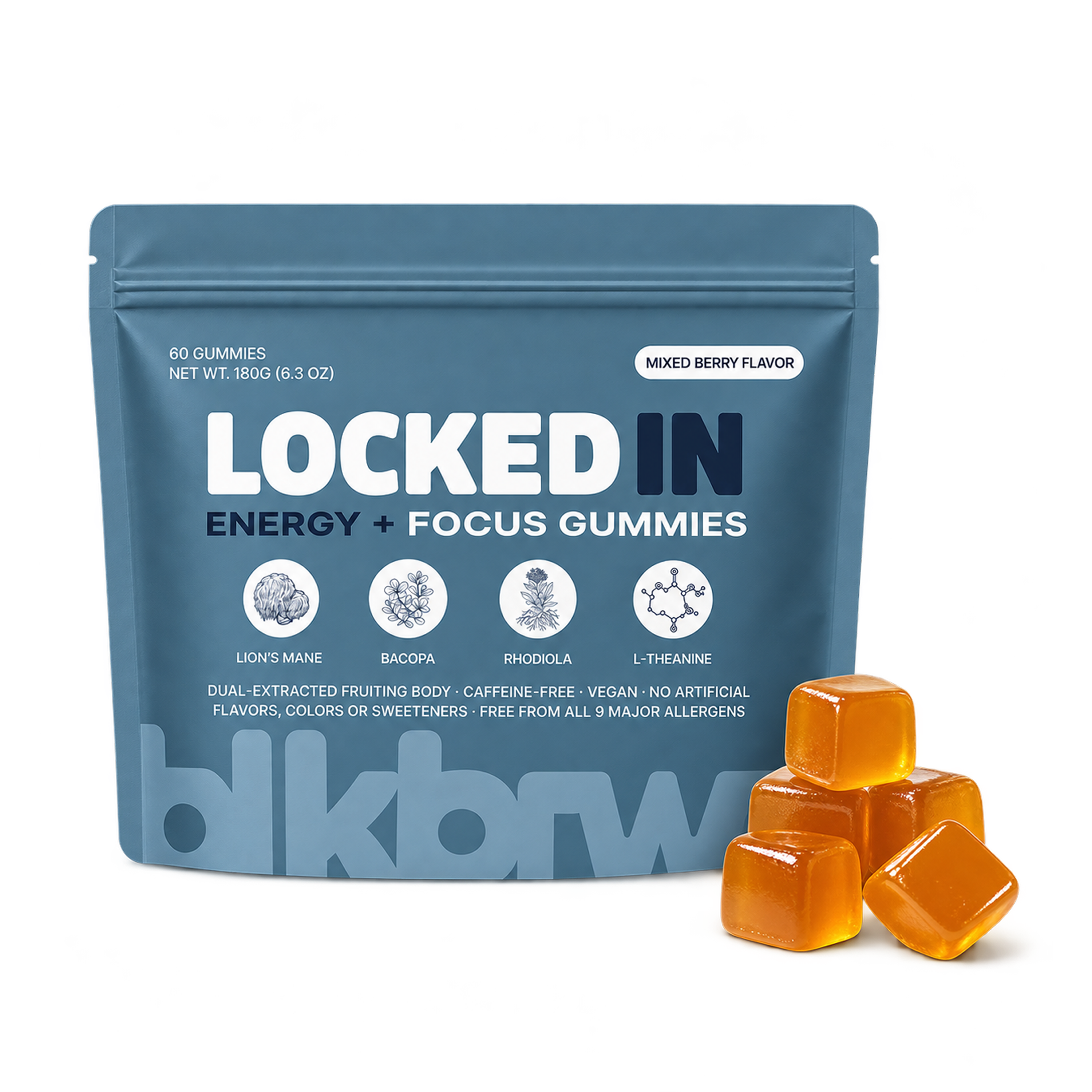 A blue pouch of Locked In Energy + Focus Gummies next to a small pile of the gummies.