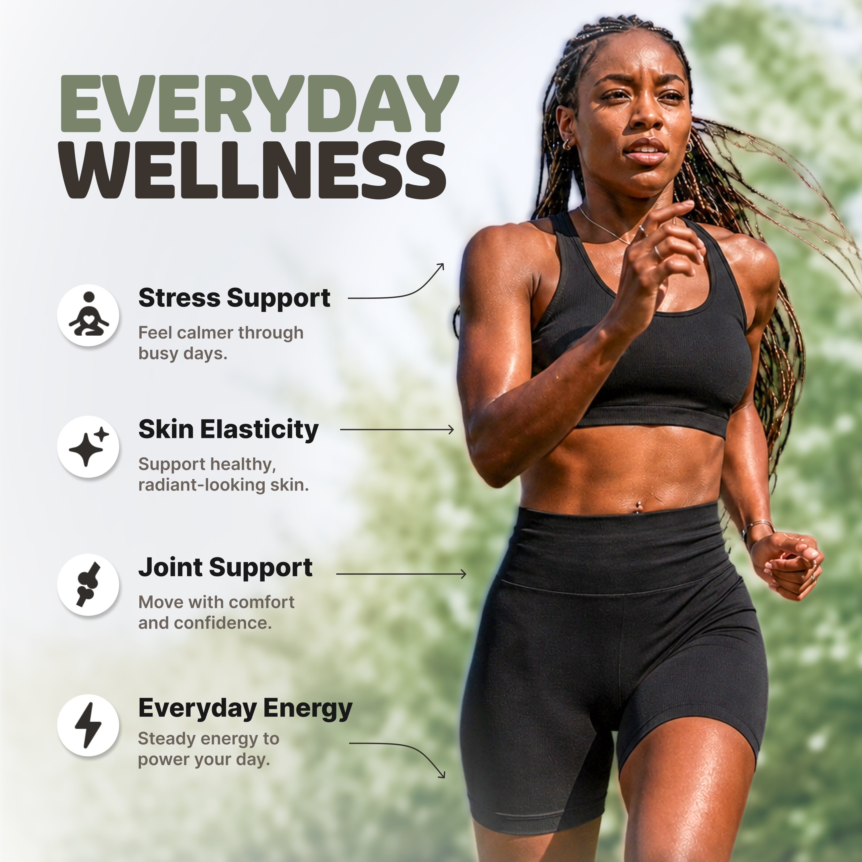 A woman in athletic wear runs outdoors next to a list of wellness benefits.
