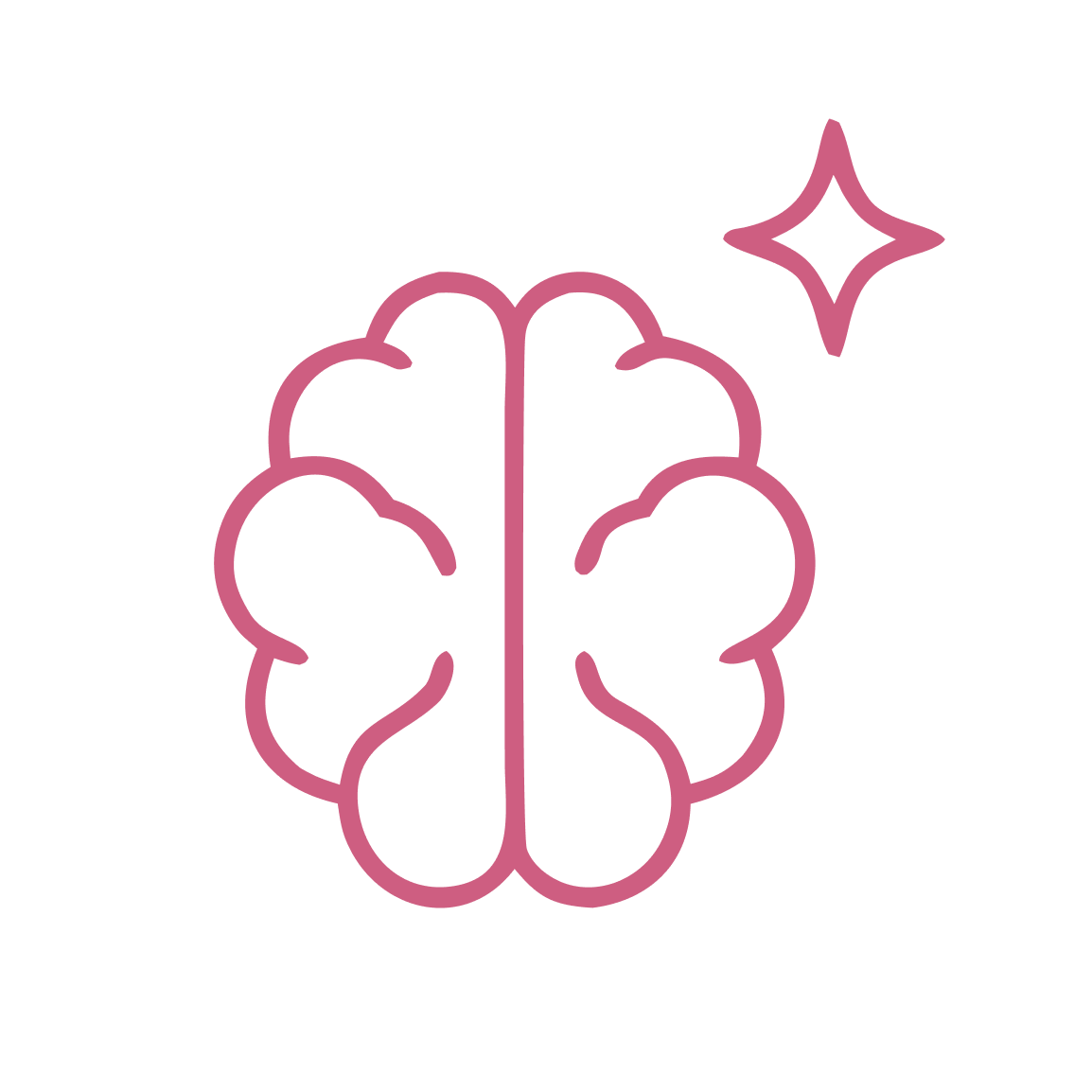 A pink line drawing icon of a brain with a four-pointed star next to it.