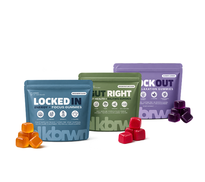 Three pouches of Blkbrwn brand gummy supplements with corresponding colored gummies in front of each pouch.
