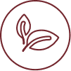 A line drawing of two leaves inside a circle.