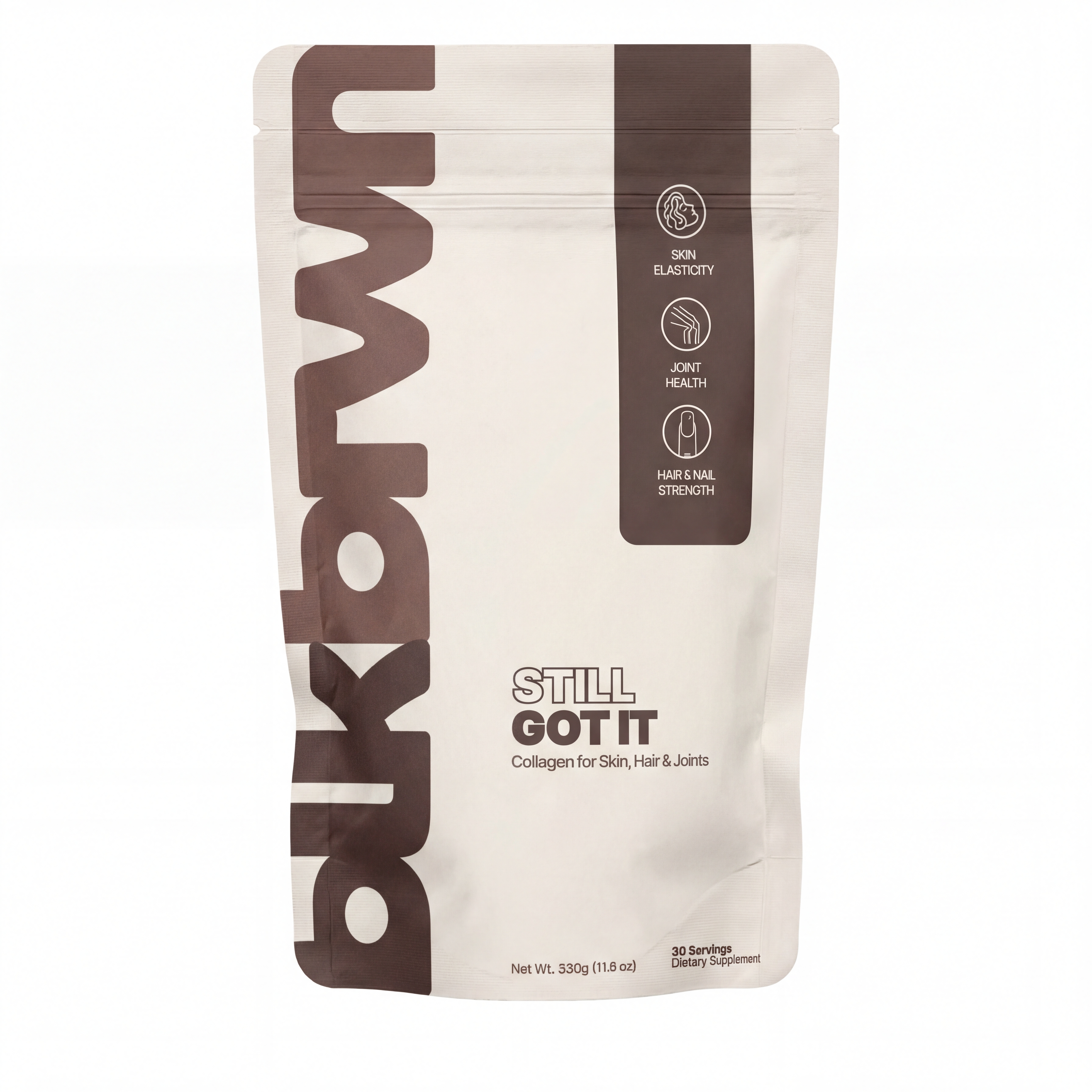 A white and brown stand-up pouch of Aukward's 'Still Got It' collagen supplement on a white background.