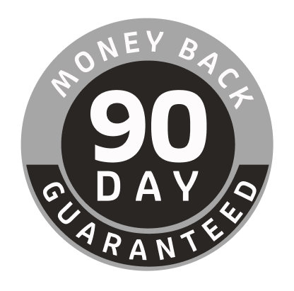 A grey and black circular badge that reads 'Money Back 90 Day Guaranteed'.