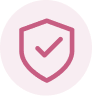 An icon of a pink shield with a checkmark inside, on a light pink circular background.