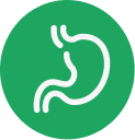 A white line drawing of a stomach on a solid green circular background.