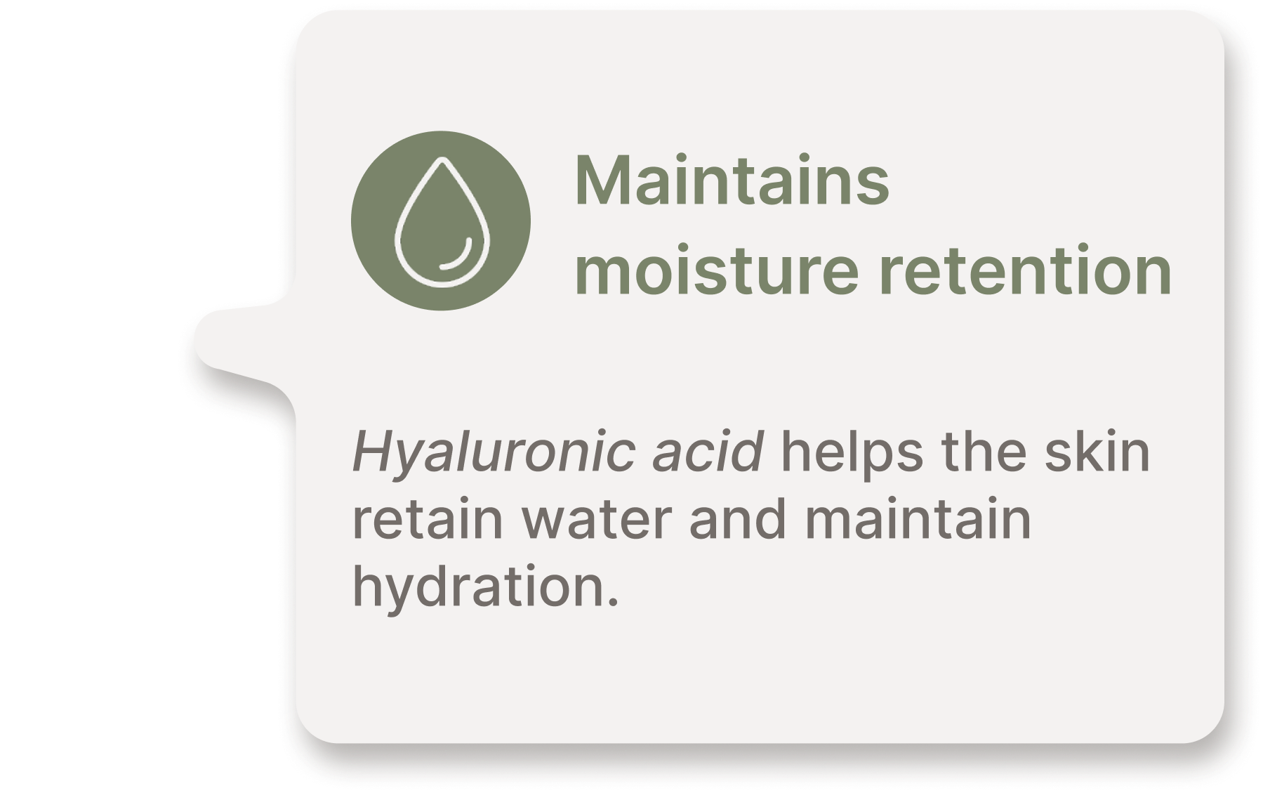A graphic with a water drop icon explaining that hyaluronic acid maintains moisture retention and skin hydration.