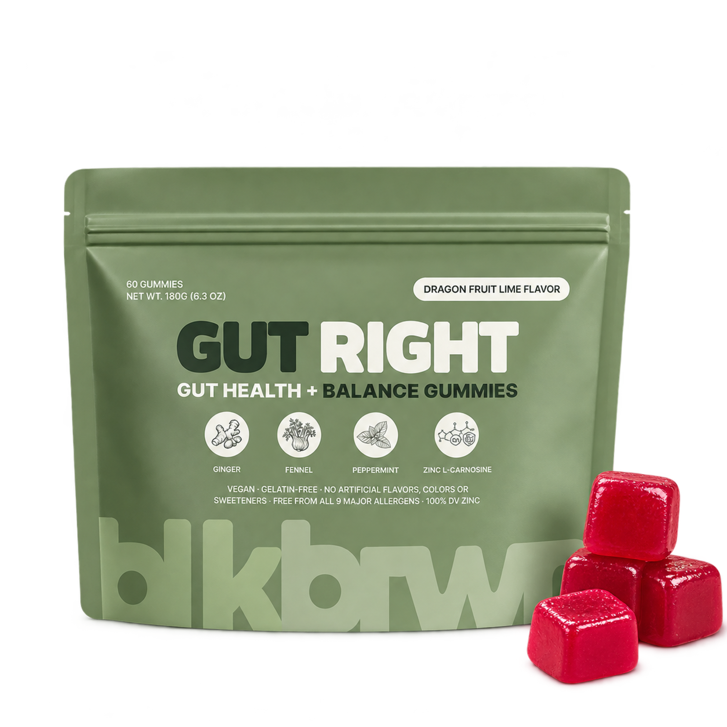 A green pouch of Blkbrw Gut Right dragon fruit lime gummies next to four red square gummies.