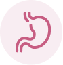 A white line drawing of a stomach on a solid green circular background.