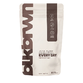 A white and brown stand-up pouch of Bukibrwn All Day, Every Day product on a black background.