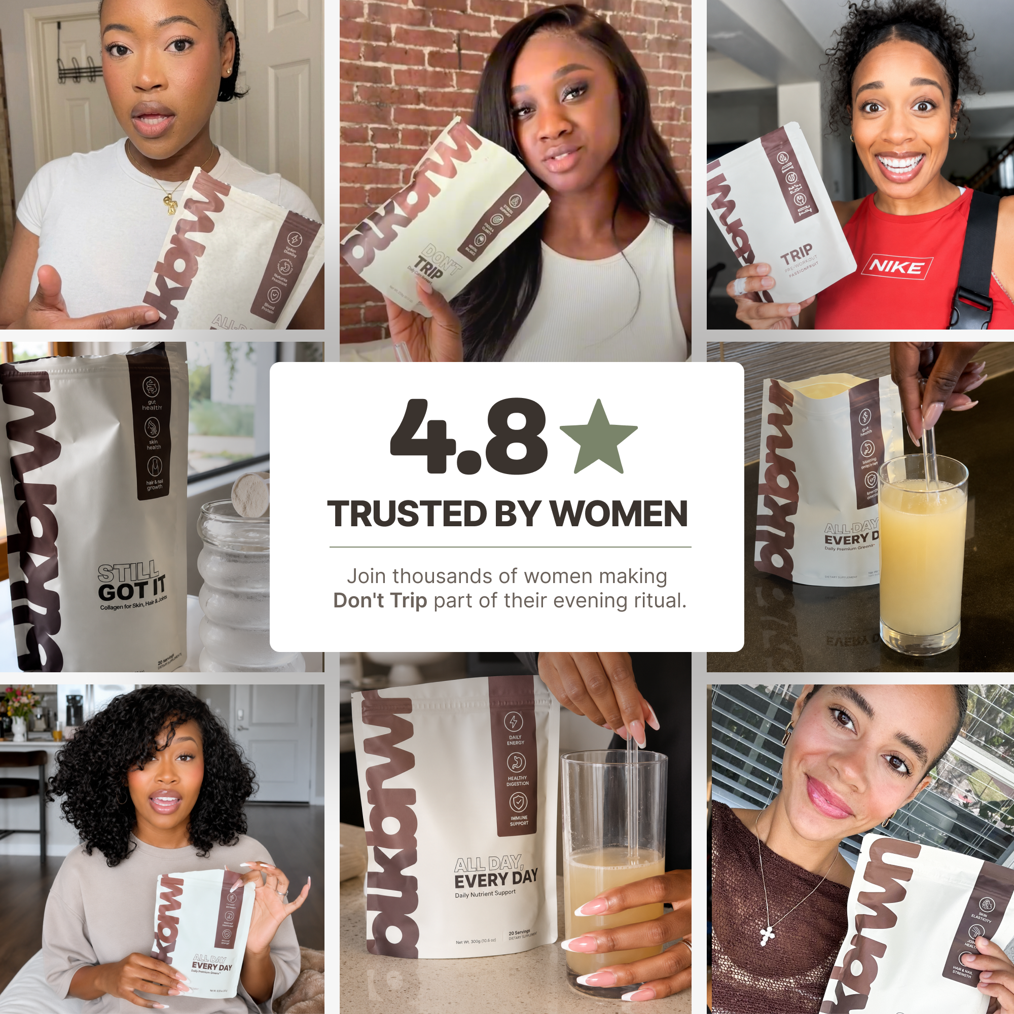 A photo collage of women holding and using a nutritional supplement product.