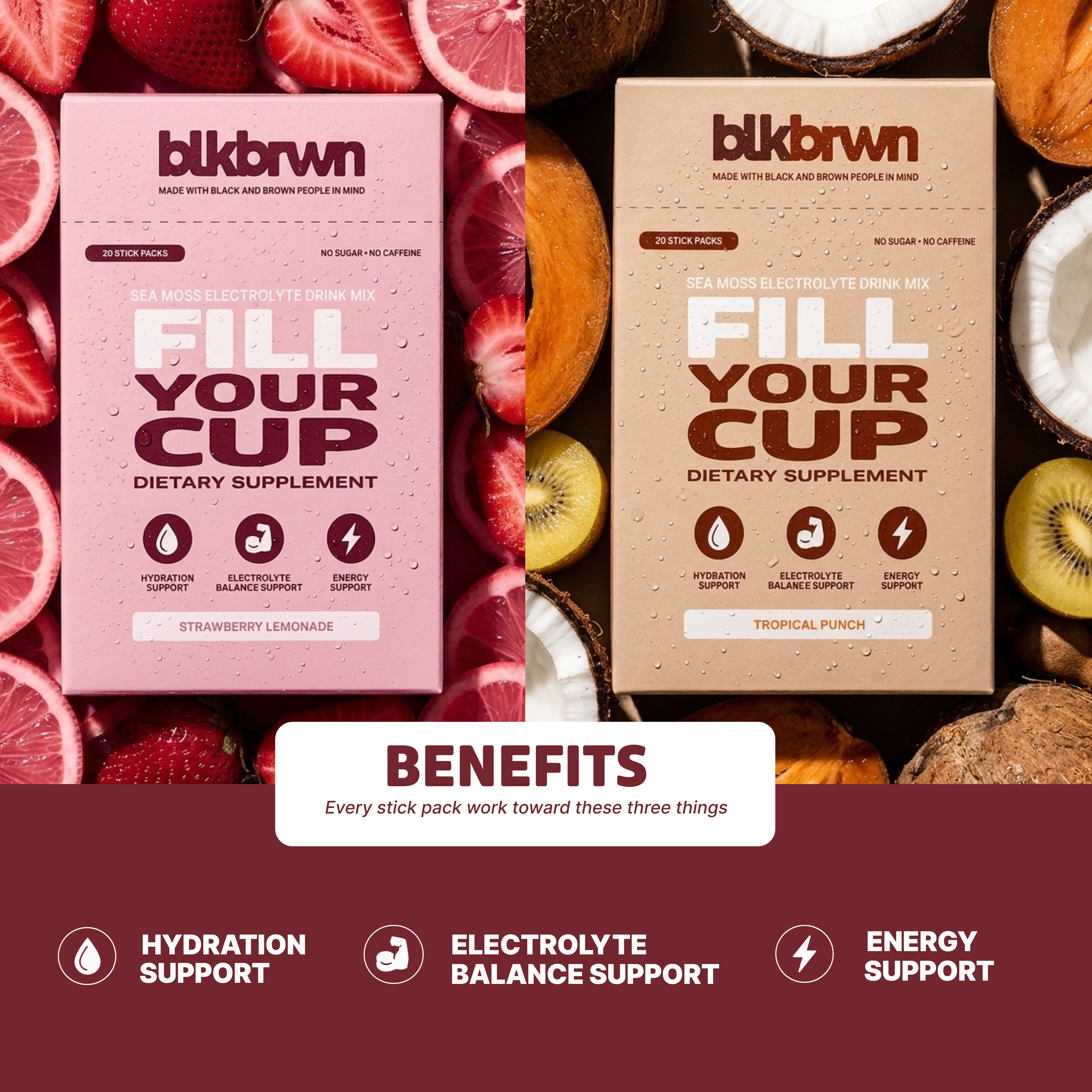 Two boxes of blkbrwn Fill Your Cup electrolyte drink mix, surrounded by fresh fruit ingredients.