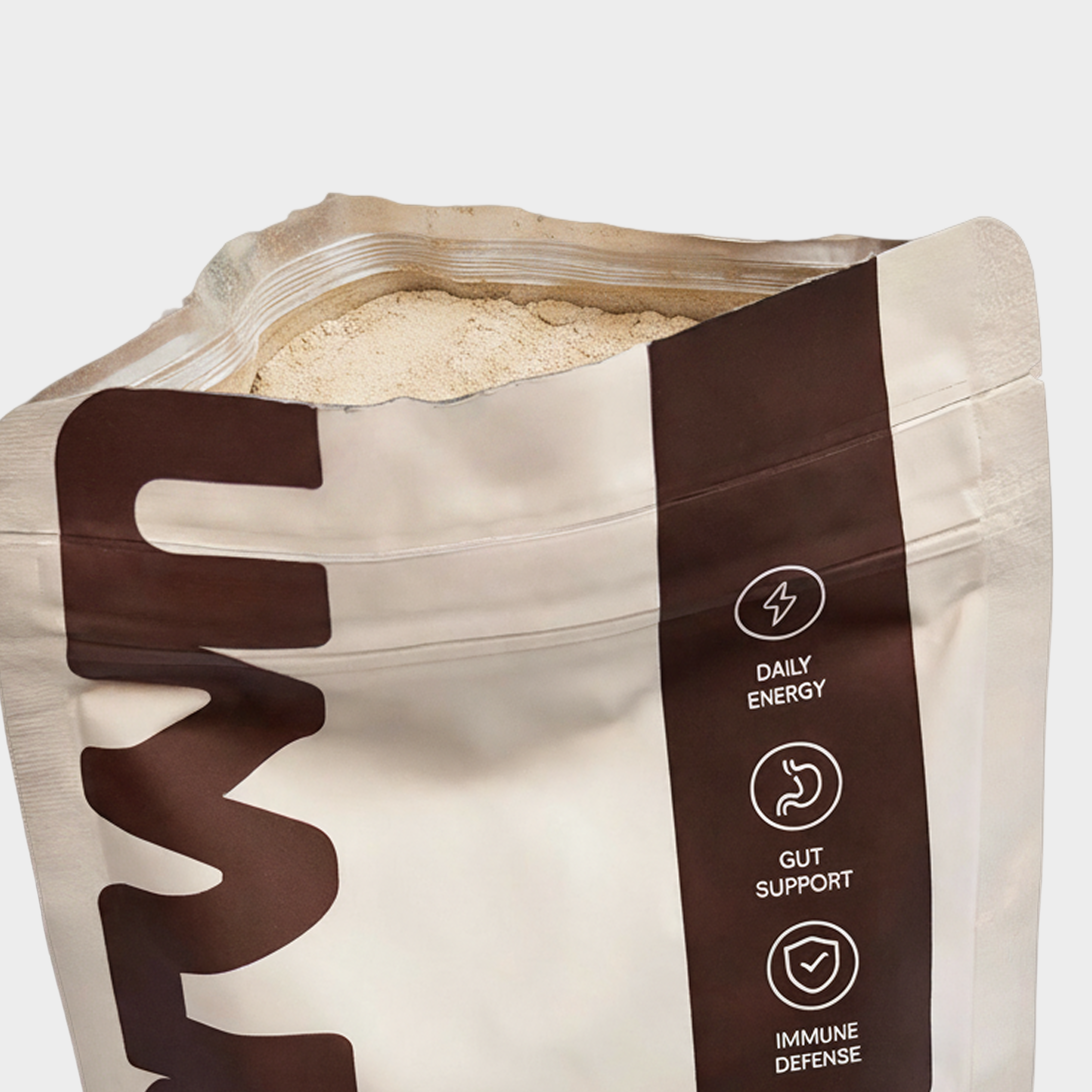 A close-up of an open bag of powder supplement, showing its contents and health benefit icons.