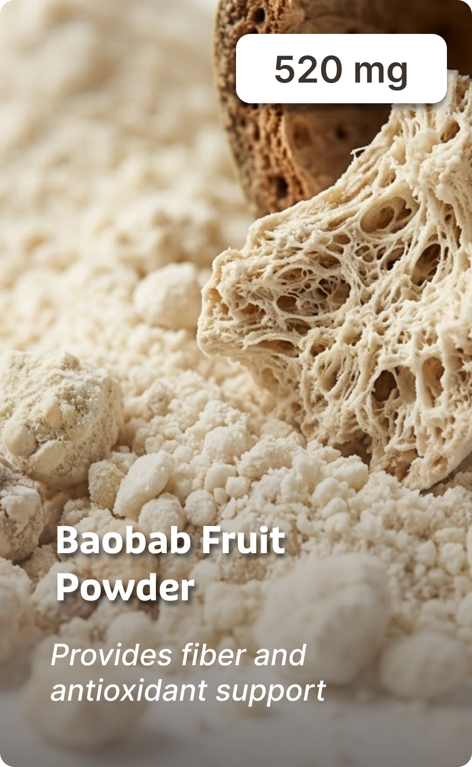 A close-up macro shot of baobab fruit powder and the fibrous, dried pulp of the fruit.