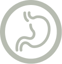 A gray icon of a stylized stomach inside a circle.