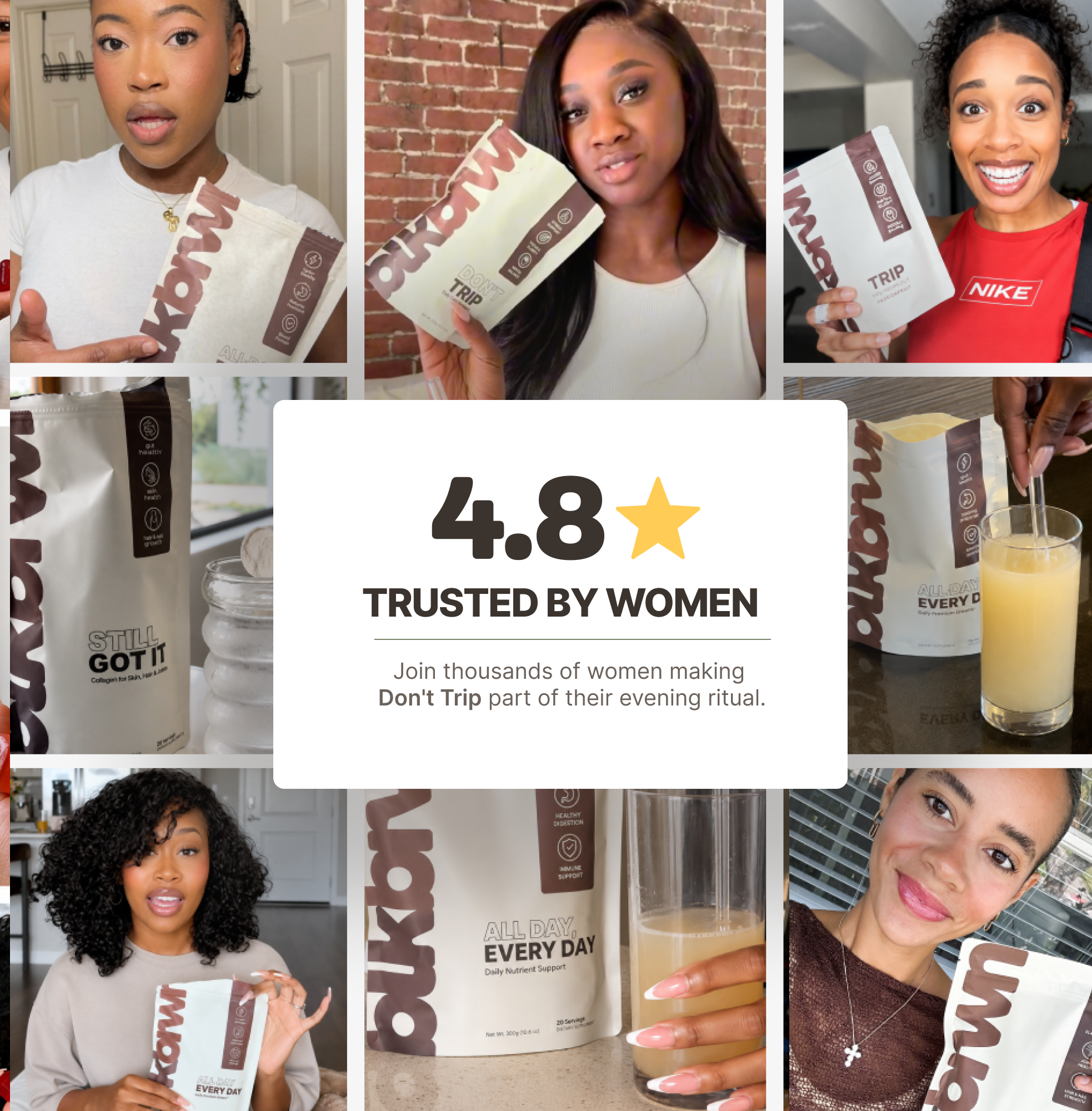 A collage of photos of different women holding and preparing a drink with a supplement product.