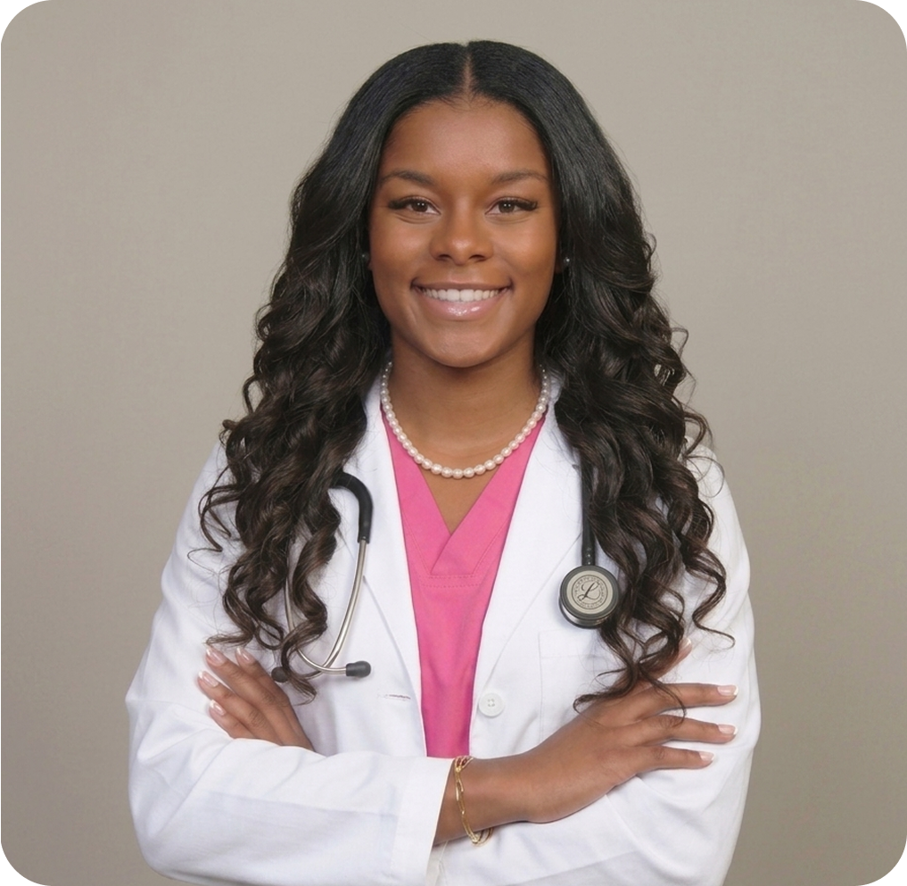 A smiling female doctor in a white coat with a stethoscope and arms crossed.