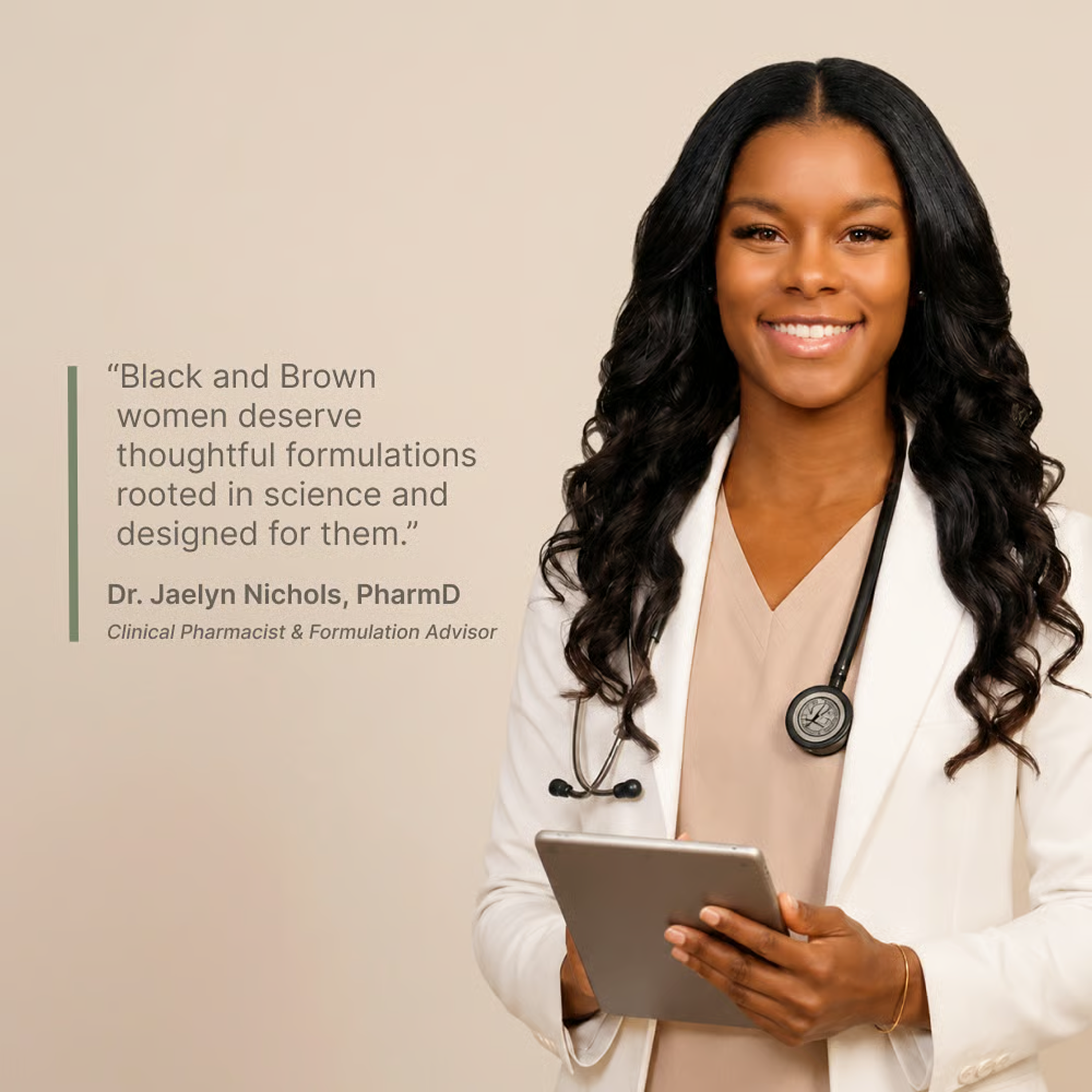 A smiling Black woman wearing a white coat and stethoscope holds a tablet.
