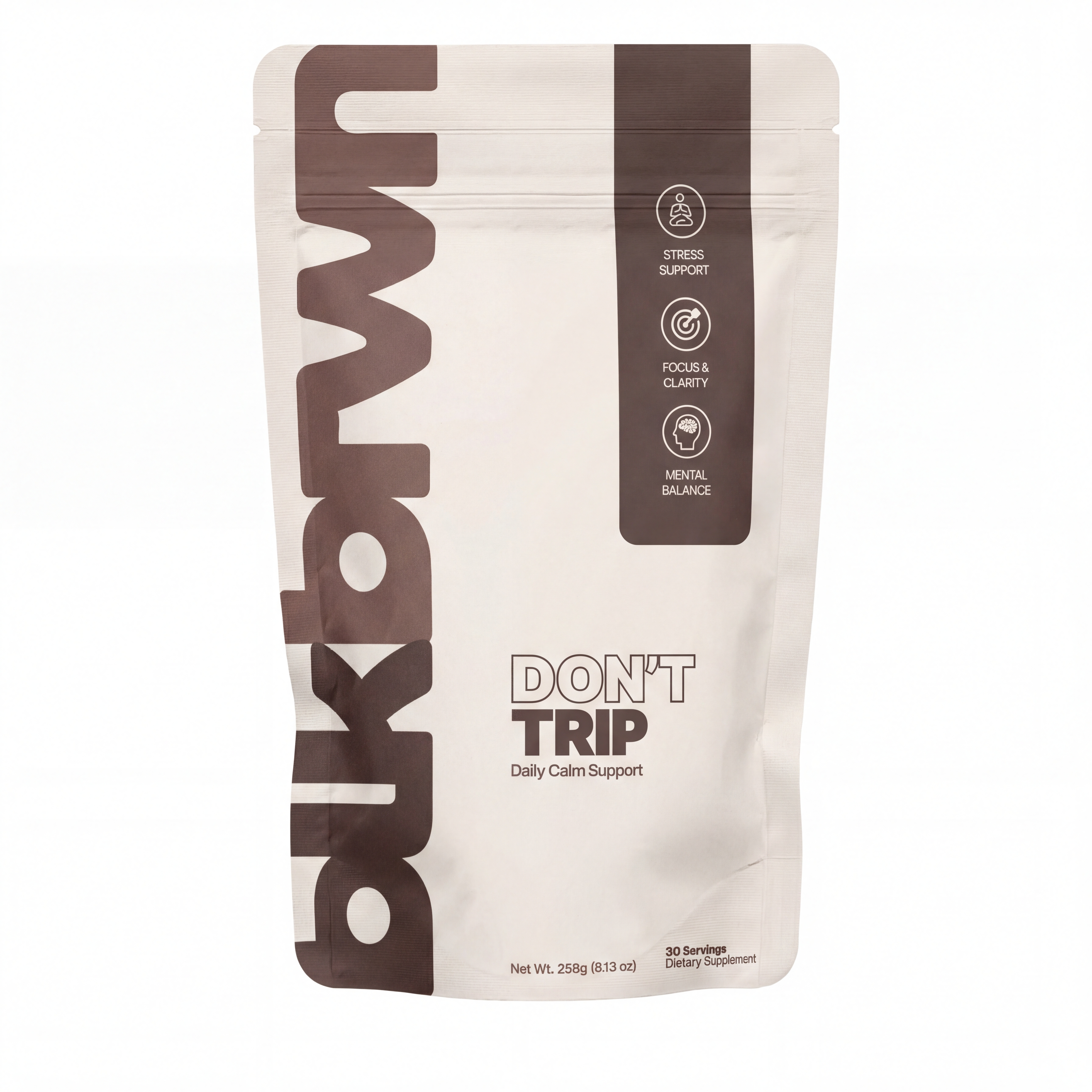 A white and brown pouch of Don't Trip Daily Calm Support dietary supplement against a white background.