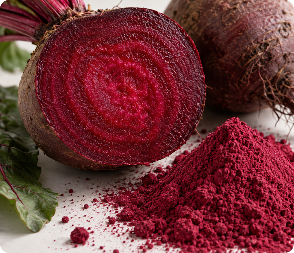A fresh beetroot cut in half, a whole beetroot, and a pile of red beetroot powder.