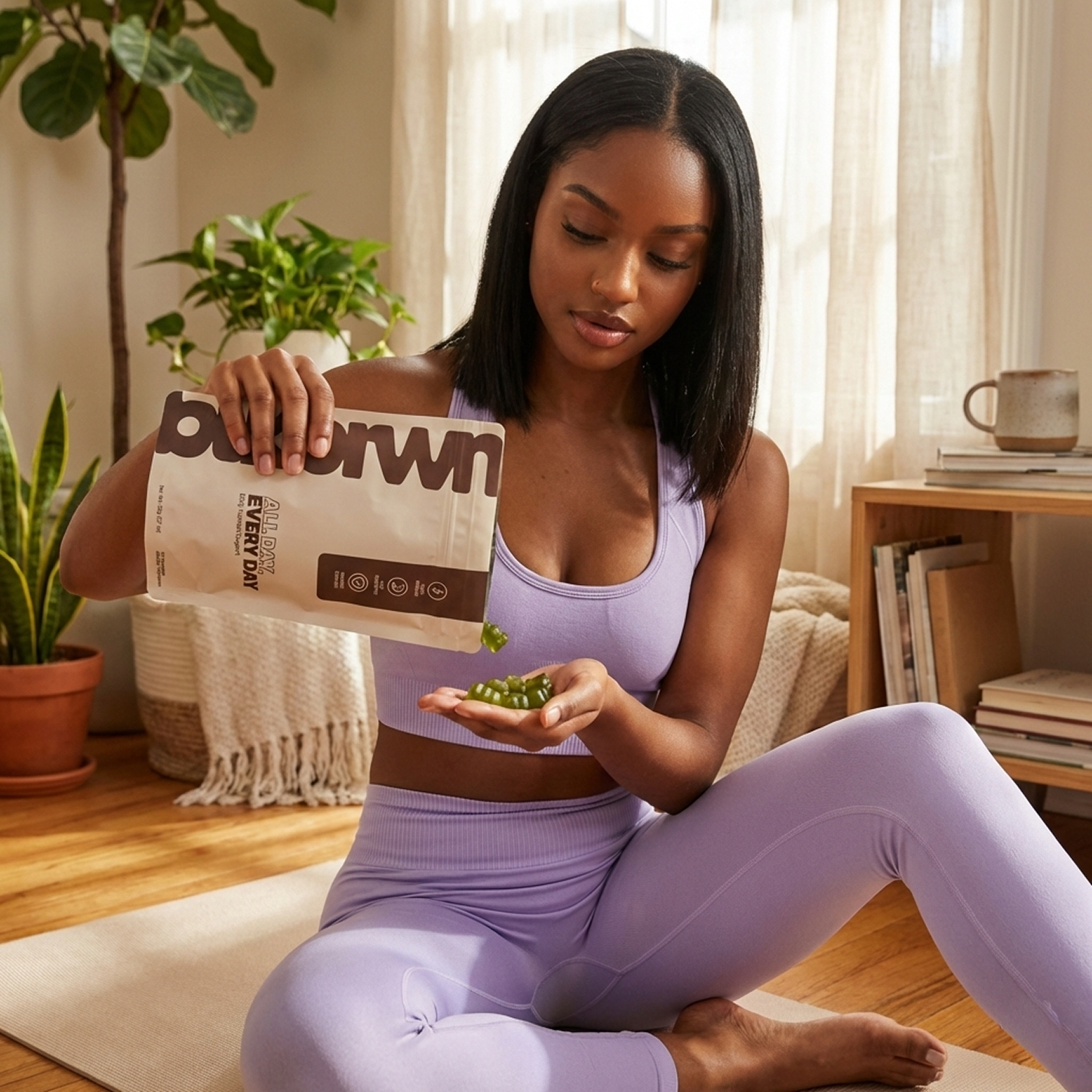 A woman in purple athletic wear sits on a yoga mat, pouring green gummies from a pouch into her hand.