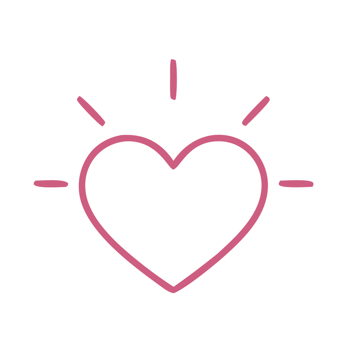 A pink line drawing of a heart with radiating lines, on a light grey background.